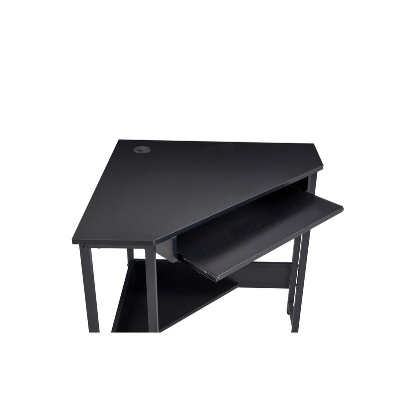 Triangle Computer Desk, Corner Desk With Smooth Keyboard Tray& Storage Shelves, Compact Home Office, Small Desk With Sturdy Steel Frame As Workstation For Small Space, BLACK, 28.34"L 24"W 30.11"H