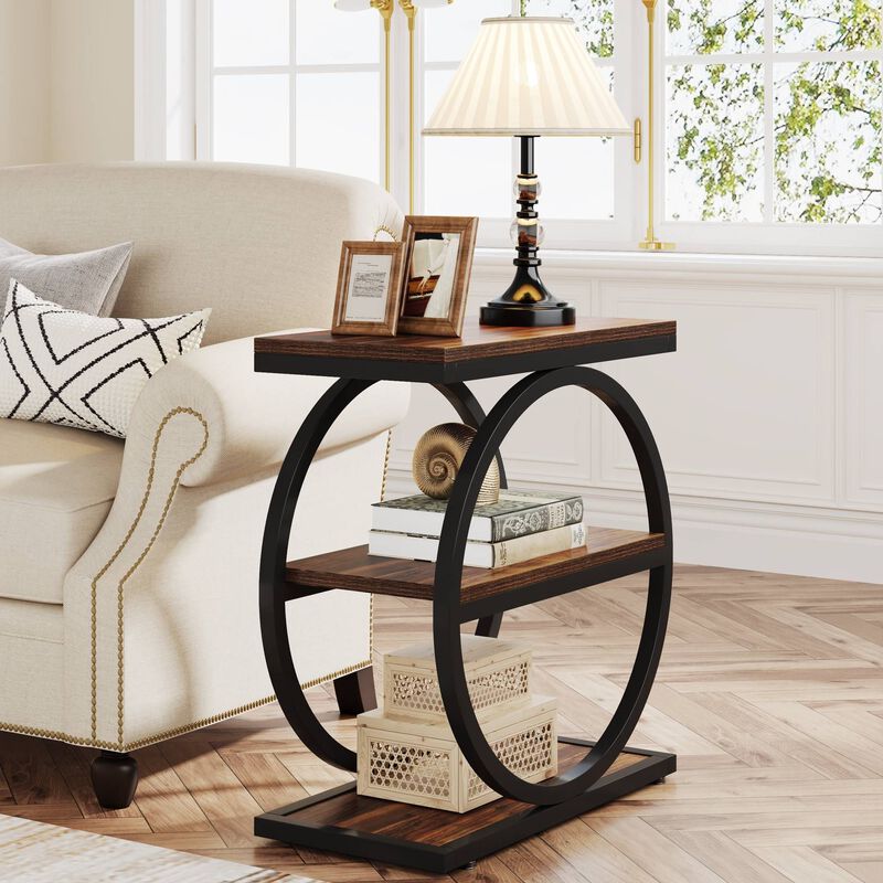 3-Tier End Table, Industrial Sofa Side Table with Round Metal Frame image number 5