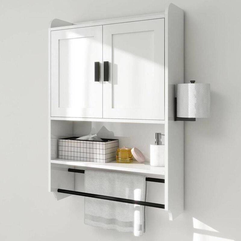 Hivvago White Bathroom Wall Cabinet with Towel Bar and Storage Shelf image number 1