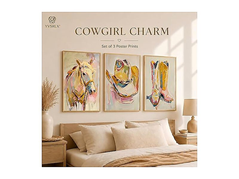Set 3 Pink Cowgirl Wall Art 12 X 16 Inch Unframed Horse Western Hat Boots Girly image number 1