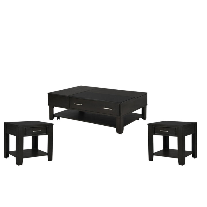 Bruno 3 Piece Ash Gray Wooden Lift Top Coffee and End Table Set with Tempered Glass Top and Drawer