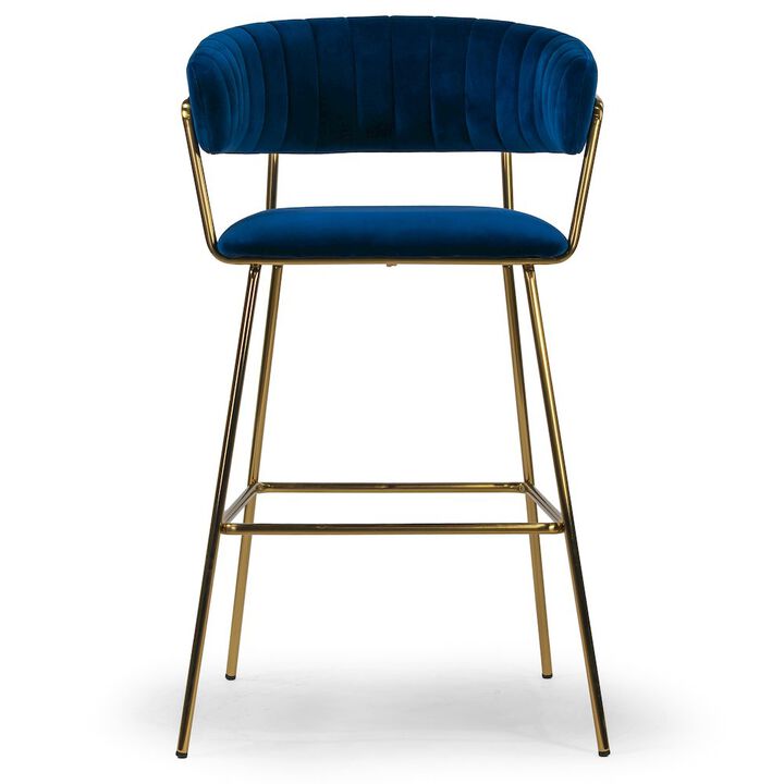Glamour Home Set of 2 Anya Blue Velvet Bar Stool with Golden Metal Legs
