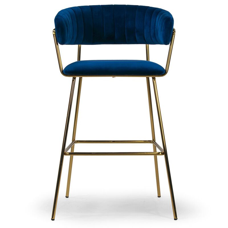 Glamour Home Set of 2 Anya Blue Velvet Bar Stool with Golden Metal Legs