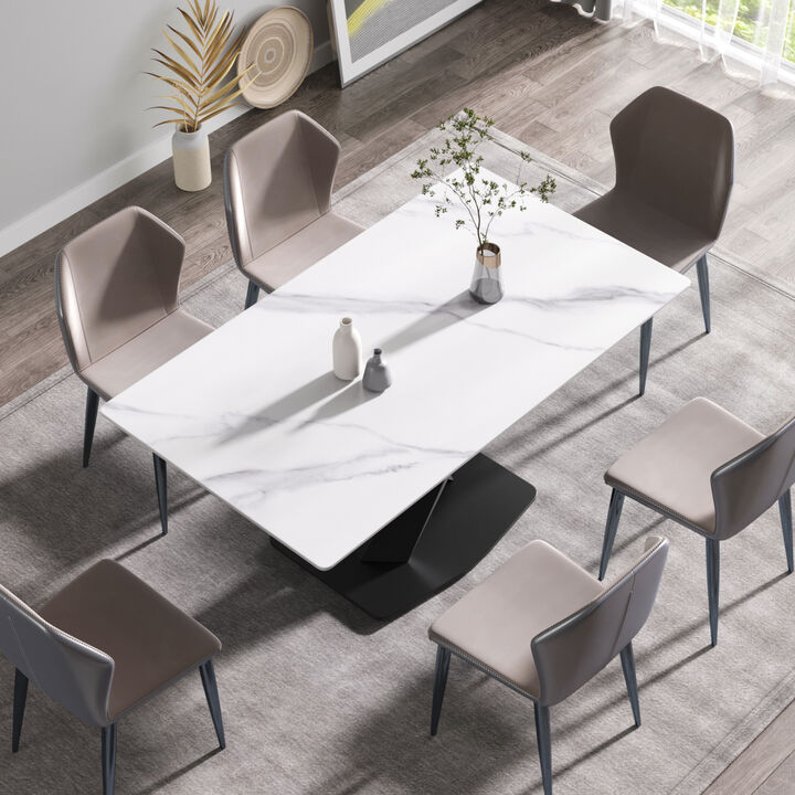 63-inch modern artificial stone white straight edge black metal X-leg dining table -6 people