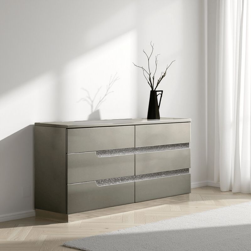 Theo Wide Dresser, 6 Drawers, Retro Style Gold Handles, Black 59 Inch - Benzara