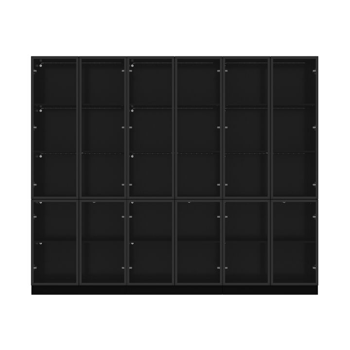 FUFU&GAGA Modern Black Bookcase with LED Lighting &ndash; Stylish Storage Cabinet with Tempered Glass Doors and Adjustable Shelves, (94.5" L x 14.2" W x 78.7" H),Black