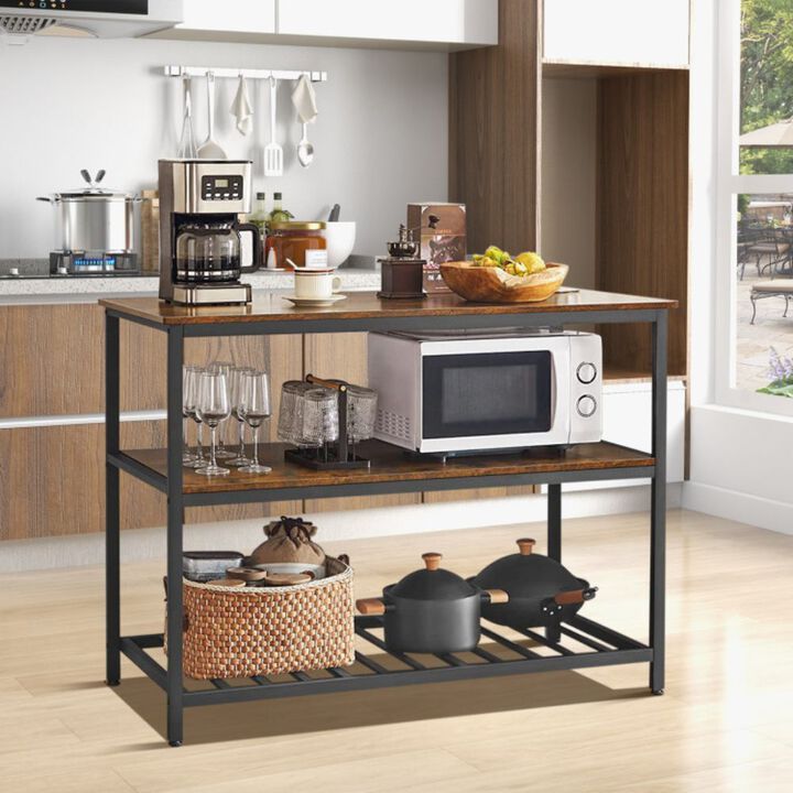 Hivago 3 Shelves Kitchen Island Industrial Prep Table with Bottom Wine Rack-Rustic Brown