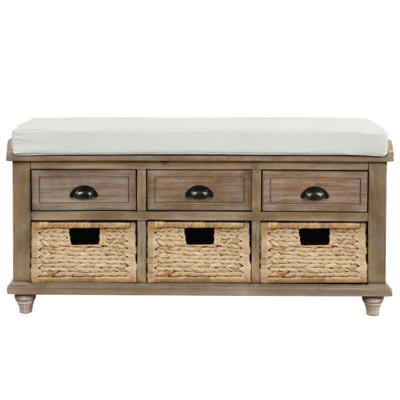 Whisen Rustic Storage Bench with 3 Drawers and 3 Rattan Baskets - White Washed