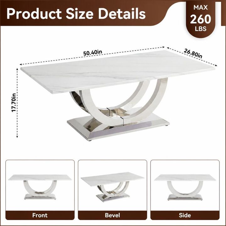 GOODSILO 50.4 Inch Modern Rectangular Coffee Table with Marble Pattern Tabletop and Silver Stainless Steel Base for Living Room