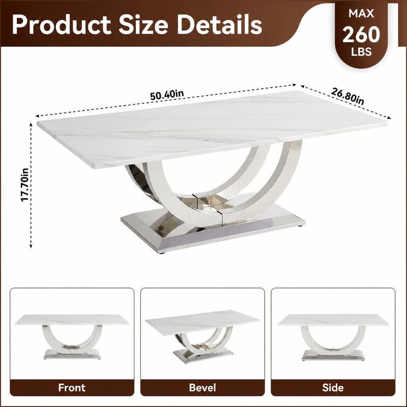 GOODSILO 50.4 Inch Modern Rectangular Coffee Table with Marble Pattern Tabletop and Silver Stainless Steel Base for Living Room image number 1