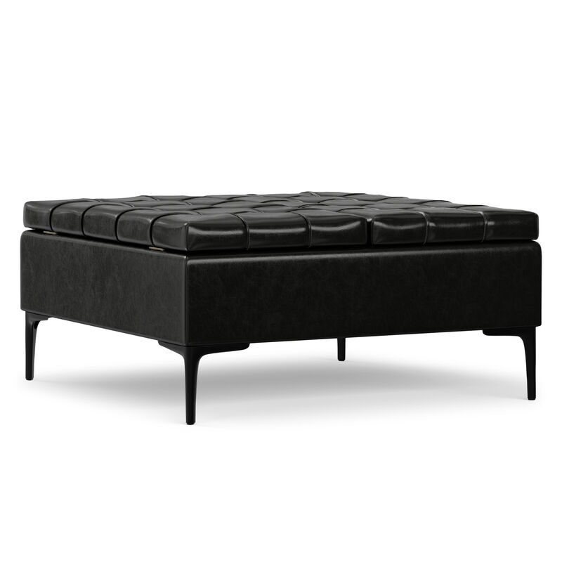 Laura 36 inch Wide Transitional Square Mid&nbsp;Century&nbsp;Lift Top Storage Ottoman in Midnight Black Vegan Faux Leather, Assembled image number 7
