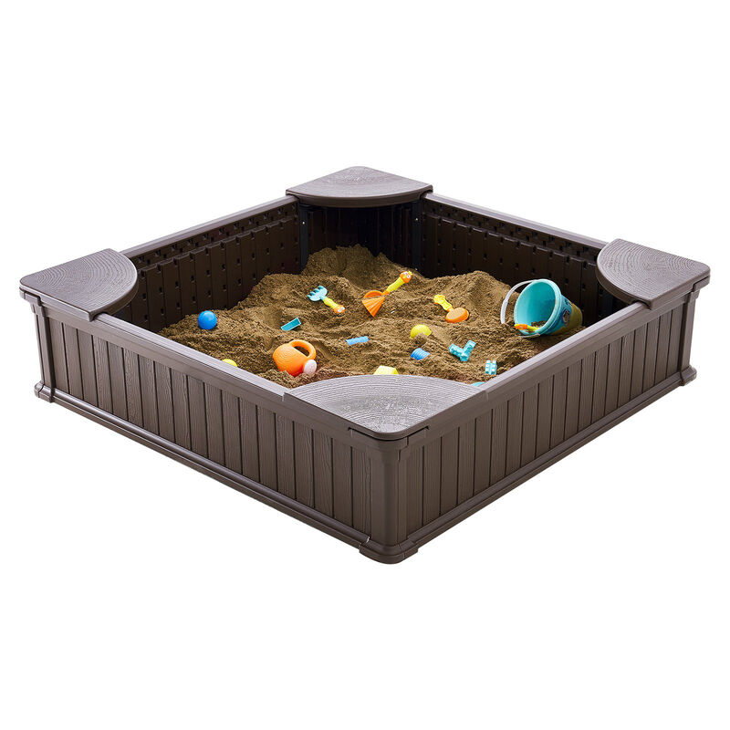 Square Sandbox with Cover &ndash; HDPE Outdoor Sand Pit with Seating for 4 Kids & Bottom Liner, Perfect for Backyard Play Ages 3&ndash;12