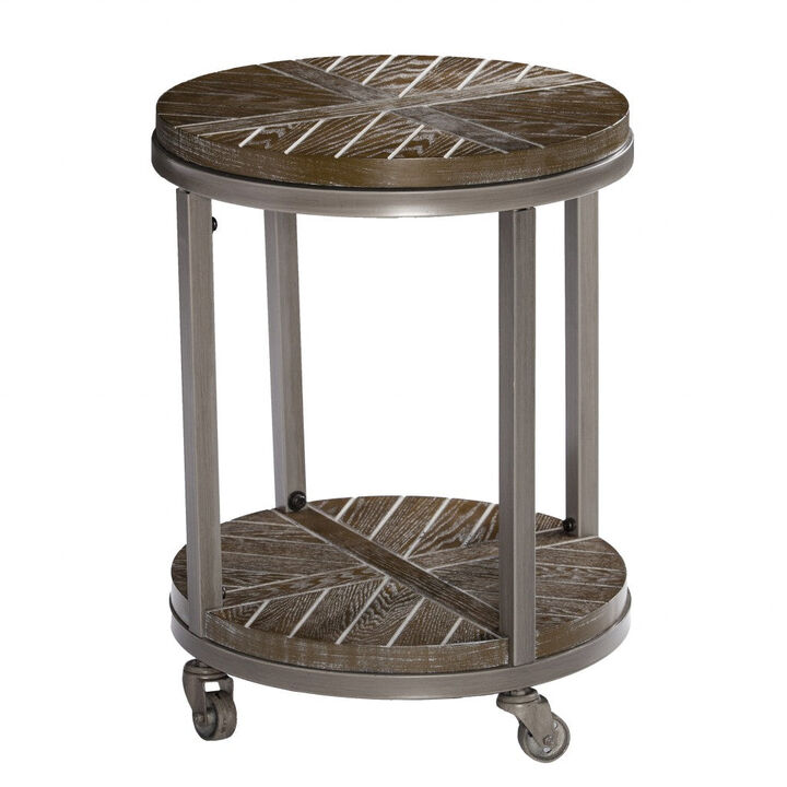 Homezia 24" Brown Manufactured Wood And Iron Round End Table With Shelf