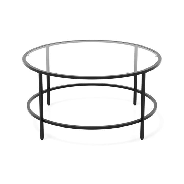 Hivvago 35.5 Inch Round Coffee Table with Tempered Glass Tabletop
