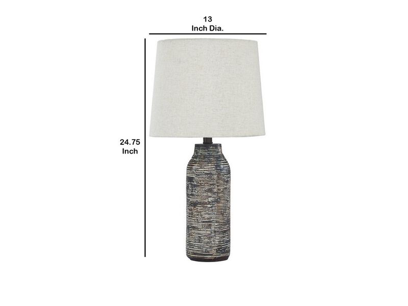 Fabric Shade Table Lamp with Textured Base, Set of 2, White and Black - Benzara