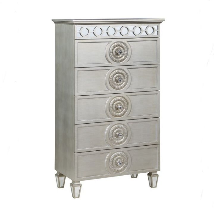 Nic 54 Inch Modern Tall Dresser Chest, 5 Drawers, Round Knobs, Silver - Benzara