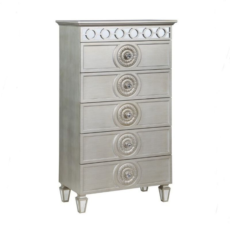 Nic 54 Inch Modern Tall Dresser Chest, 5 Drawers, Round Knobs, Silver - Benzara