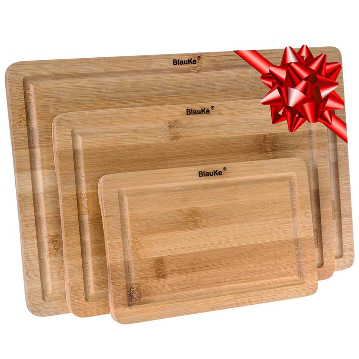 Wooden Cutting Boards for Kitchen with Juice Groove and Handles - Bamboo Chopping Boards Set of 3 - Wood Serving Trays