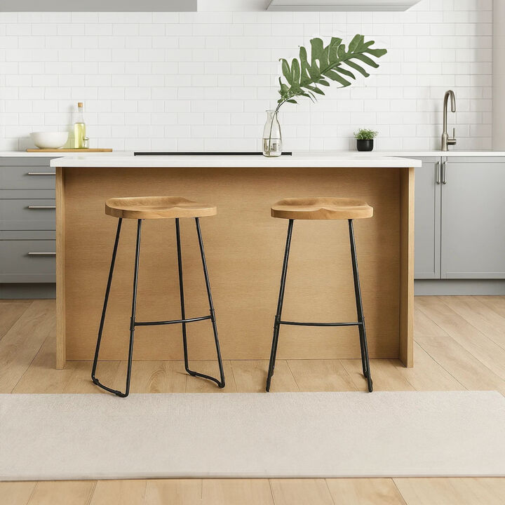 Tiva 30 Inch Handcrafted Backless Barstool, Natural Brown Mango Wood Saddle Seat, Black Metal Base