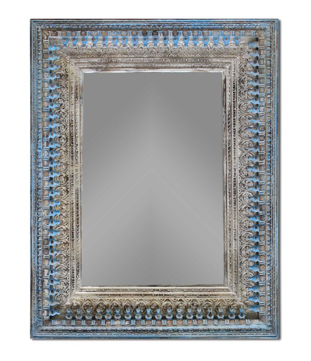HomeRoots 50" Blue and Silver Solid Wood Framed Accent Mirror