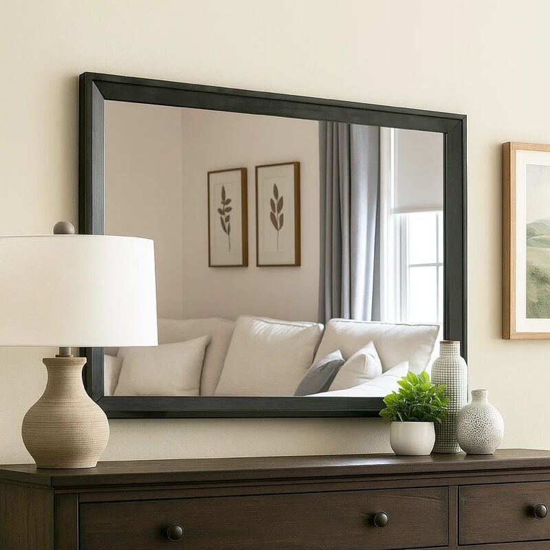 45 Inch Rectangular Wooden Frame Contemporary Mirror, Gray