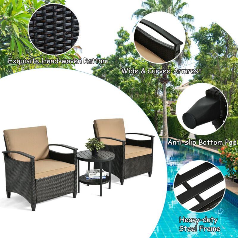 Hivvago 3 Pieces Patio Rattan Furniture Set Cushioned Sofa Storage Table with Shelf Garden