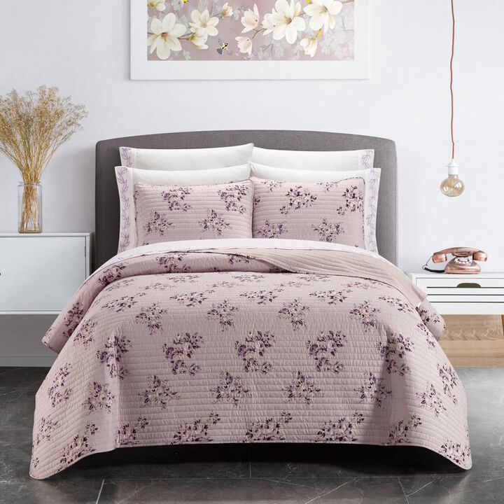 Chic Home Giverny Quilt Set Floral Pattern Print Bed In A Bag - Sheet Set Decorative Pillow Shams Included - 9 Piece - King 106x90", Blush Pink