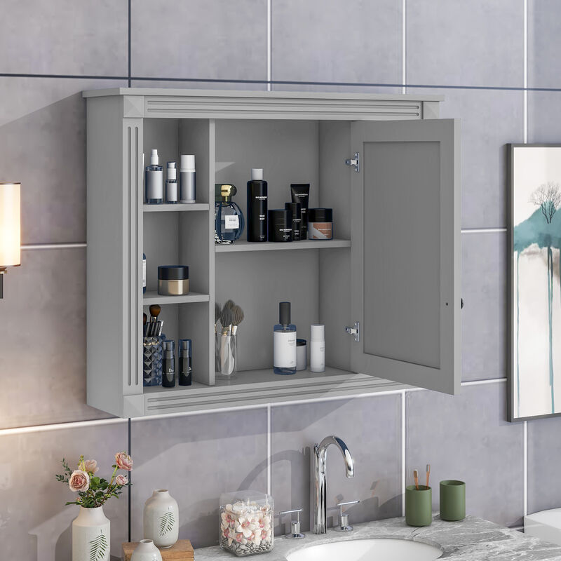 Wall-Mounted Medicine Cabinet with Mirror and Open Shelving Design