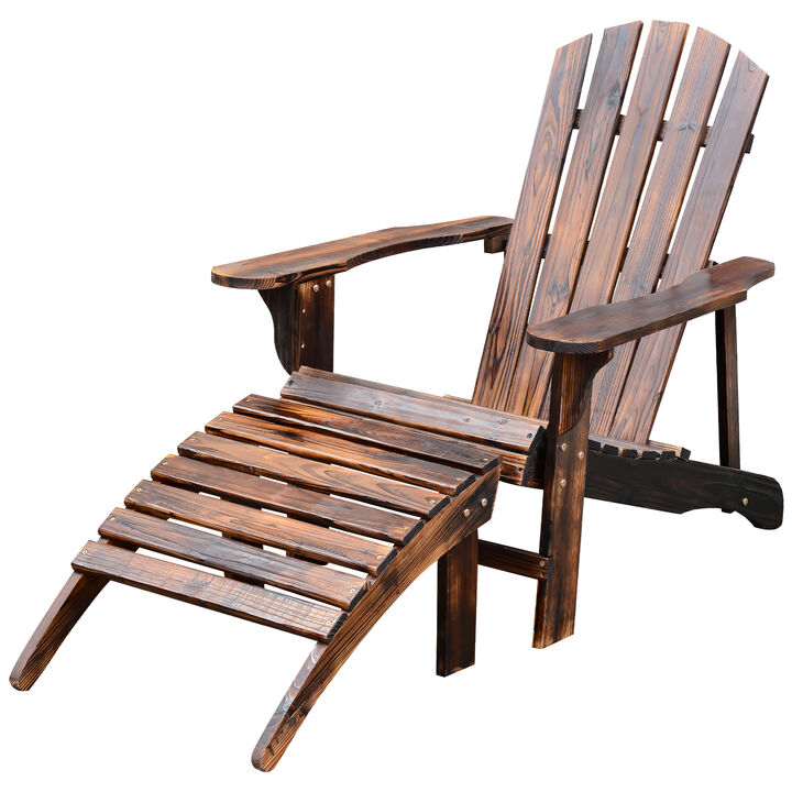 Outsunny Wooden Adirondack Chair with Ottoman, Outdoor Fire Pit Chair, Patio Lounge Chair that Supports Up to 330 lbs., Rustic Brown