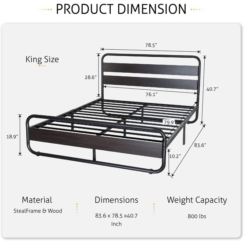 Hivvago King Heavy Duty Round Metal Frame Platform Bed with Black Wood Panel Headboard