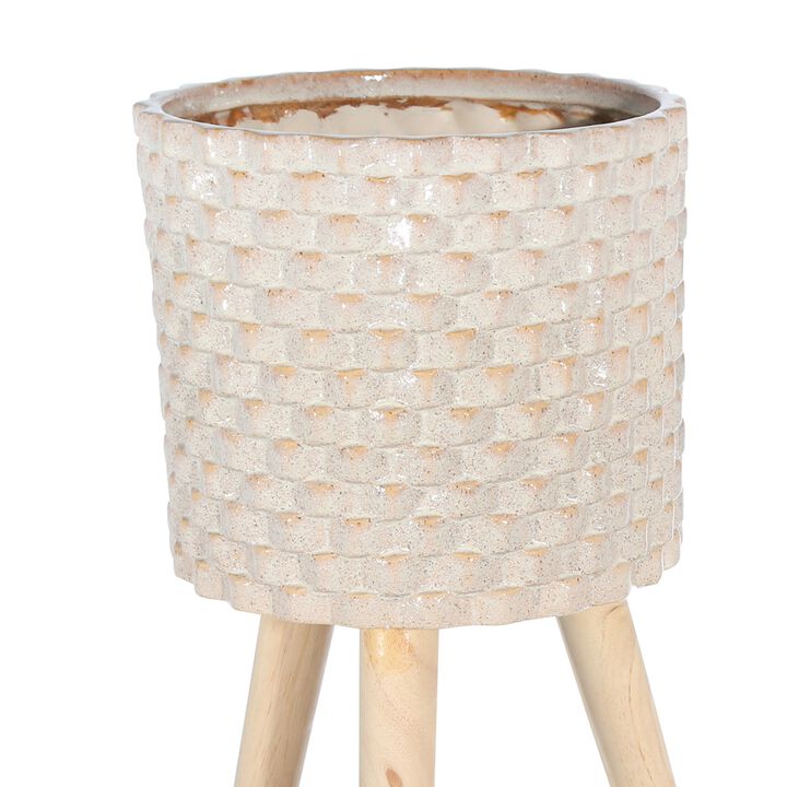 Textured Ceramic Planter with Tripod Legs, Set of 2, Cream and Brown-Benzara