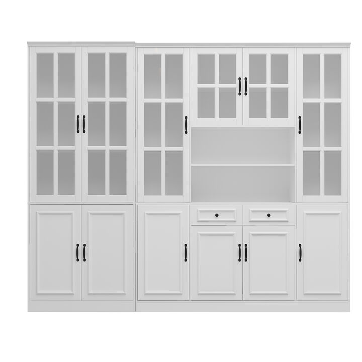 FUFU&GAGA White Bookcase Set –4-Door Bookcases + 8-Door Bookcase with Glass Doors and Black Handles – Modern Storage and Organizing Solution, (78.7 in. H x 94.5 in. W x 15.7 in. D),White