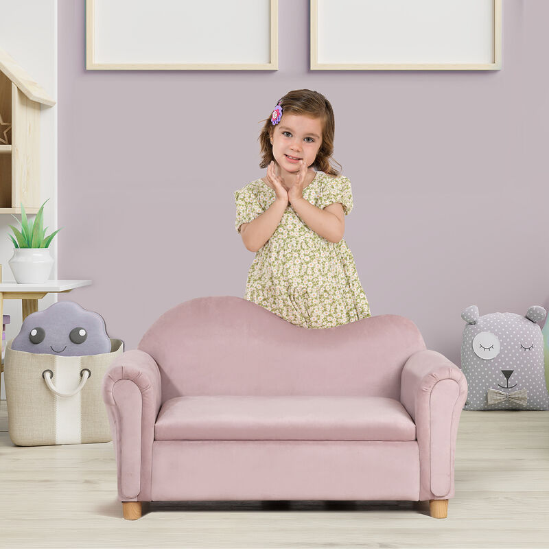Foam and Velvet Kids Sofa with Inner Storage, Kids Couch with Soft Arms, Pink