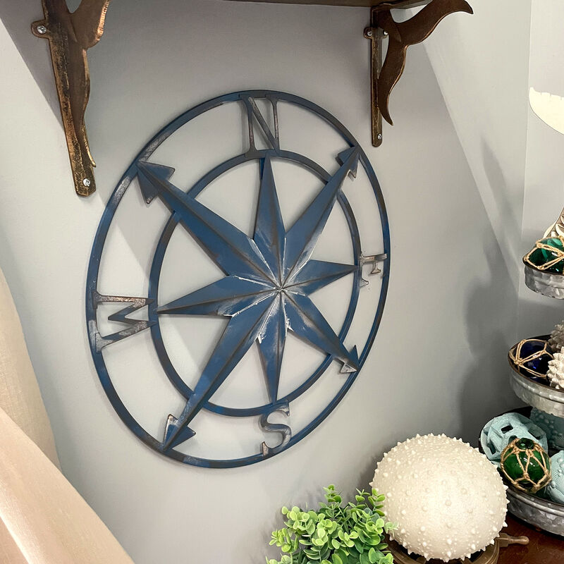 20 Inch Distressed Metal Compass Rose Nautical Wall Decor Indoor Outdoor, Blue image number 6