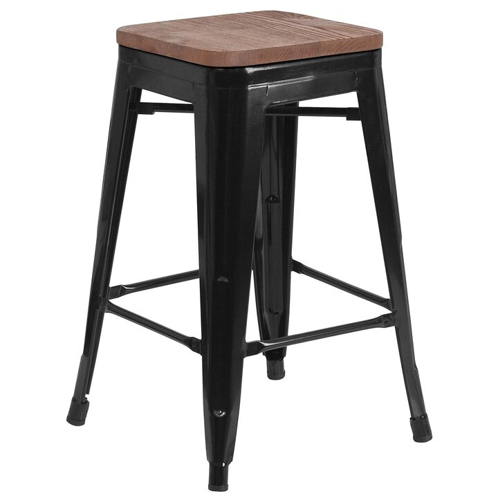 Flash Furniture Lily 24" High Backless Black Metal Counter Height Stool with Square Wood Seat
