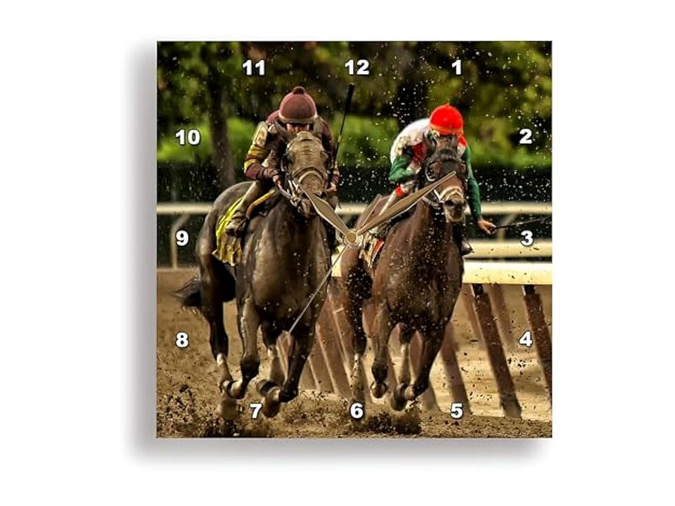 Two Horses Jockeys Racing Finish Line Wall Clock 13 Inch Home Decor
