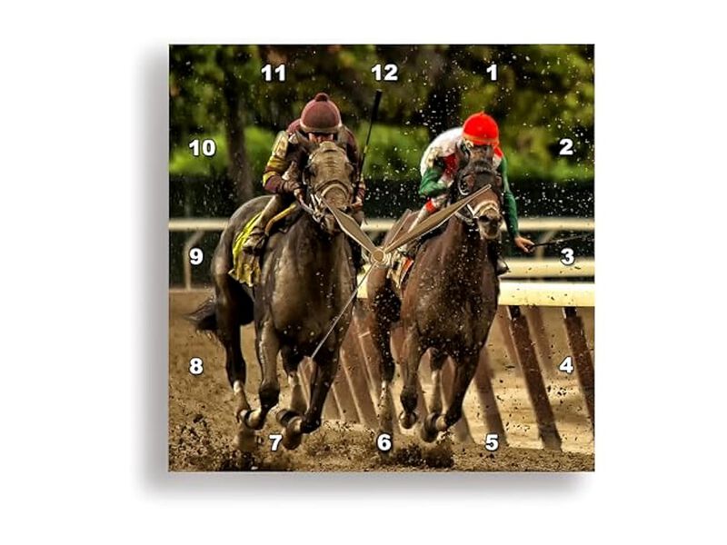 Two Horses Jockeys Racing Finish Line Wall Clock 13 Inch Home Decor image number 1