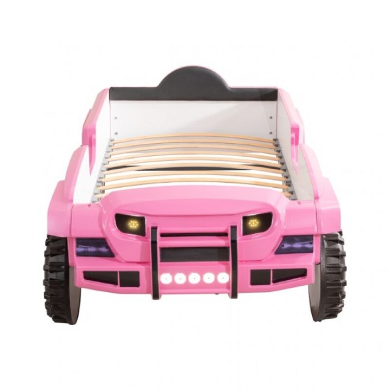 Randy SUV Twin Bed with Lights and Sound Effects, Pink Faux Leather - Benzara