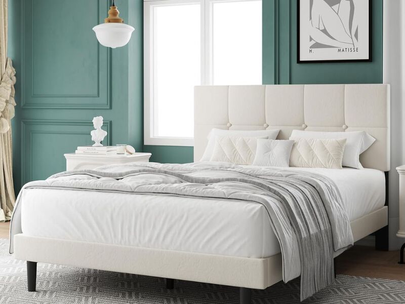 Queen Size Bed Frame, Queen Size Platform Bed Frame With Headboard, Upholstered Headboard, Sturdy Wooden Slats, Noiseless No Box Spring Required, Easy To Assemble, Beige