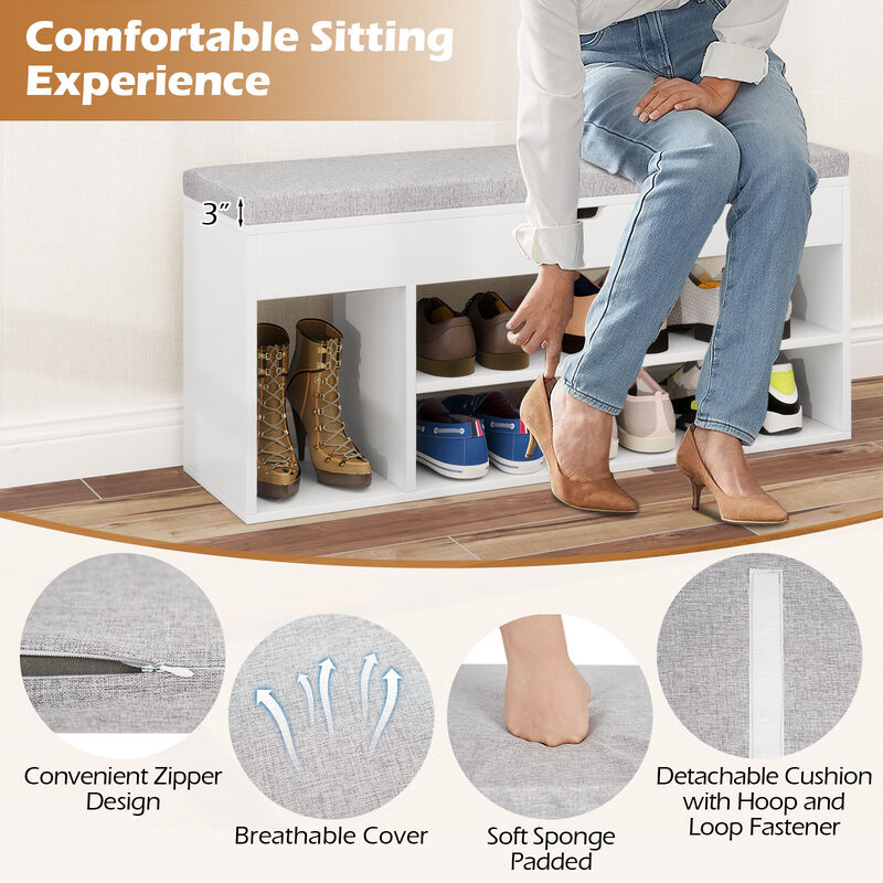 Shoe Organizer Bench with Cushion Seat, 3 Open Shelves, and Hidden Storage