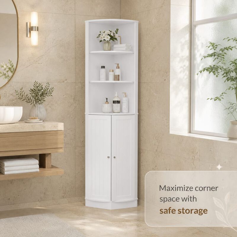 ELEMENT ACE 67 Inch Tall Freestanding Corner Storage Cabinet with 2 Doors, Adjustable Shelves for Bathroom, Kitchen, Living Spaces image number 4