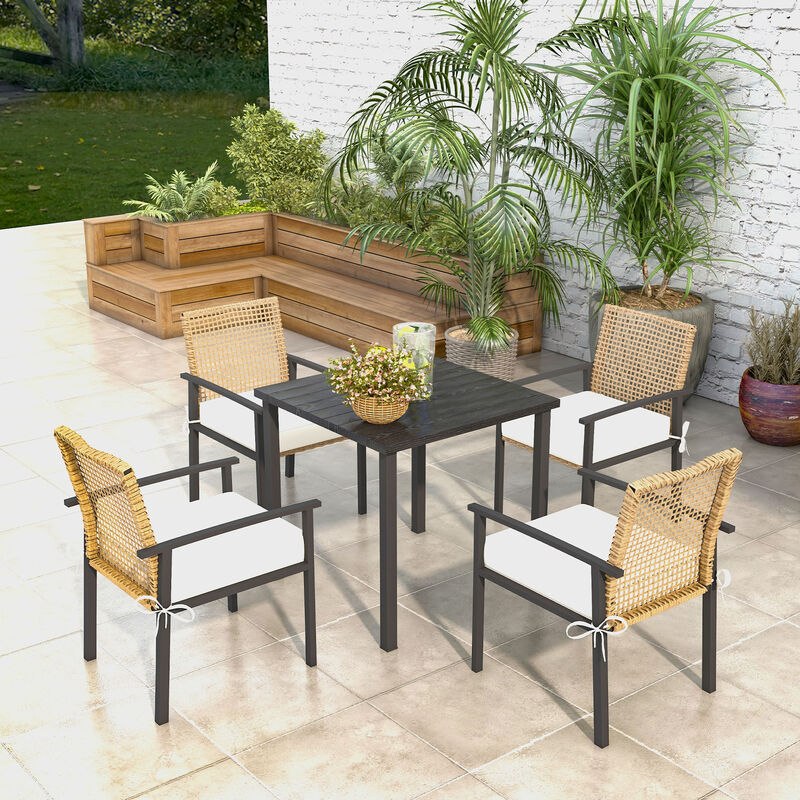 Outsunny 5 Piece Patio Dining Set, Outdoor Table and Chairs with Cushions, Wicker Furniture Dining Set with Umbrella Hole, Beige
