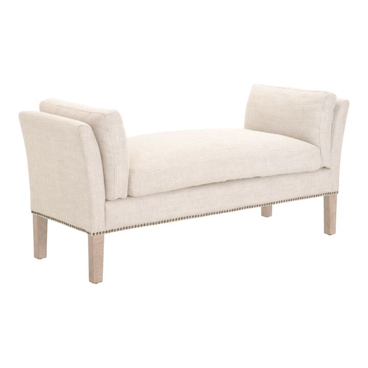 Padded Fabric Bench with Flared Arms and Nailhead Trim, Beige-Benzara