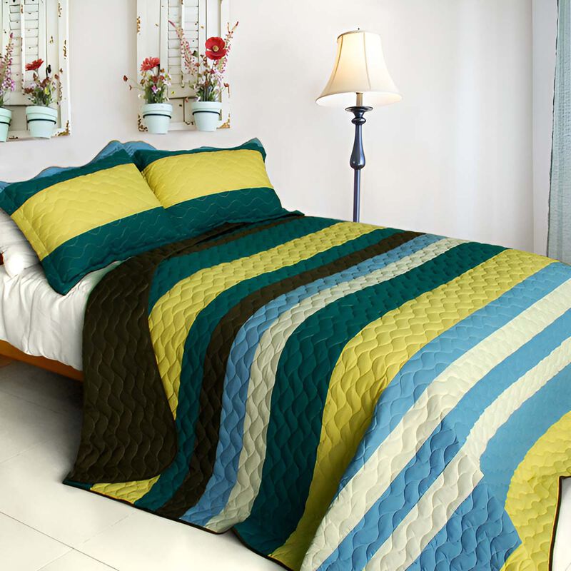 Queen Size 3-Piece Vermicelli Quilted Patchwork Quilt Set with Matching Shams - Yellow image number 0