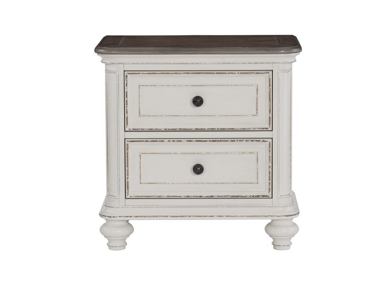2 Drawer Wooden Nightstand with Distressed Details, Antique White and Brown-Benzara image number 2