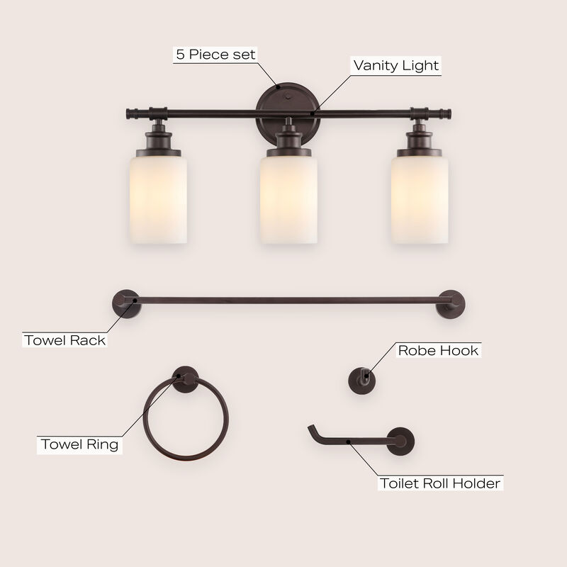 Egan 23.25" 3-Light Classic Cottage Vanity Light with Frosted Glass Shades and Bathroom Hardware Accessory 5-Piece Set