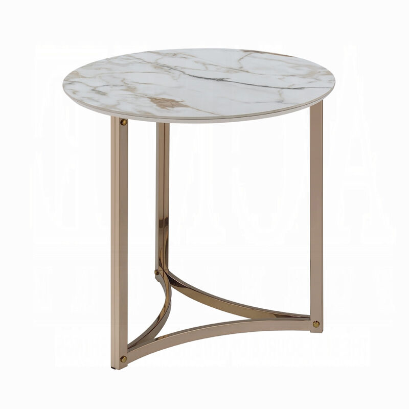 Acor Side End Table, 24 Inch, Round Sintered Stone Top, White and Gold image number 2