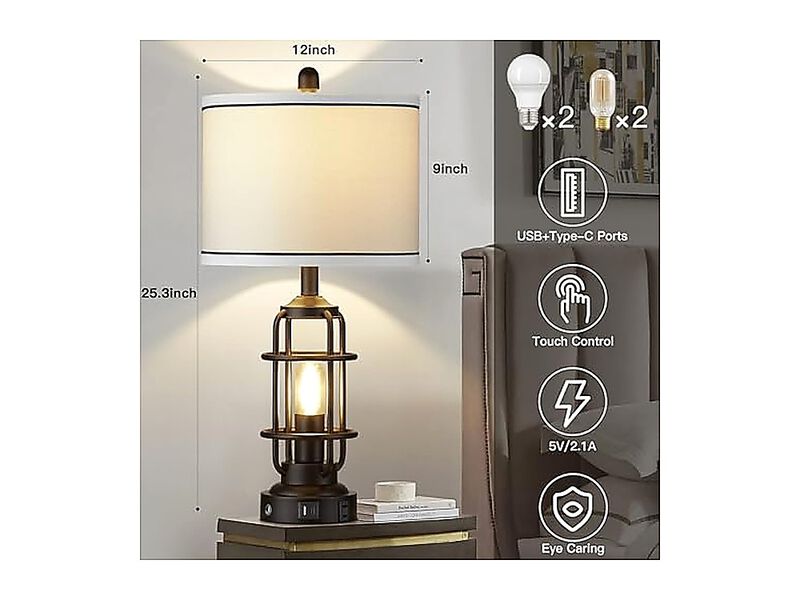 26 Modern Lamp Living Room Industrial 3 Way Dimmable Beside Table USB Charging image number 1