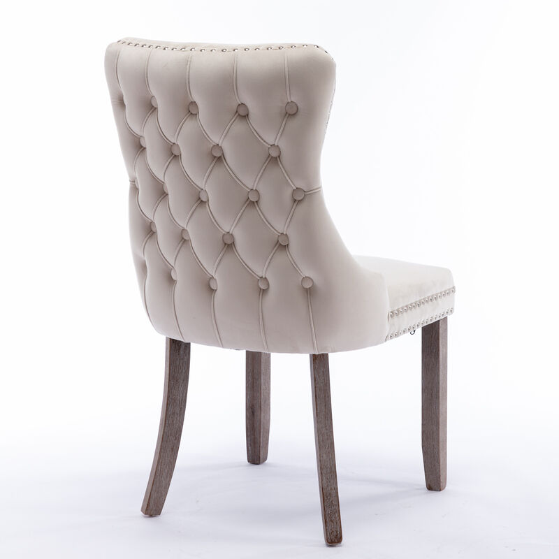 Streamdale 2 Beige Wingback Dining Chairs with Nailhead Trim & Wood Legs