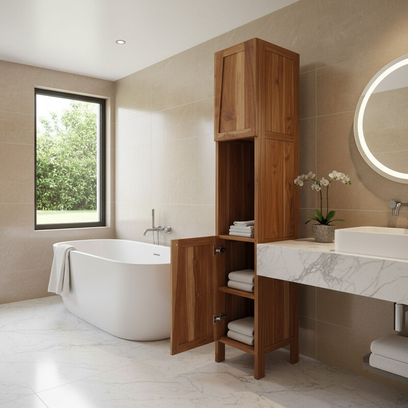 EcoDecors&reg; Significado&reg; 79" Teak Wood Free Standing Linen Tower in EarthyTeak Finish image number 1